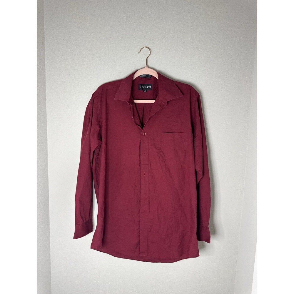 Adolfo Men's 15.5 32/33 Burgundy Cotton Blend Button-Up Shirt Long Sleeve